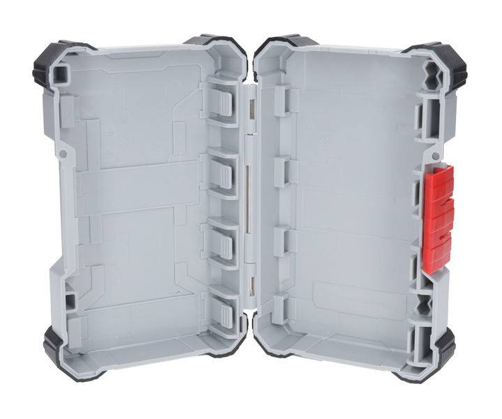 Opened grey plastic box with black corners and a red fastener.