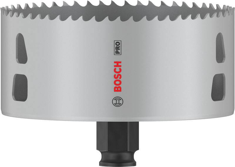 A silver Bosch hole saw attachment, with sharp teeth and a hexagonal shank, ideal for precise drilling in materials.