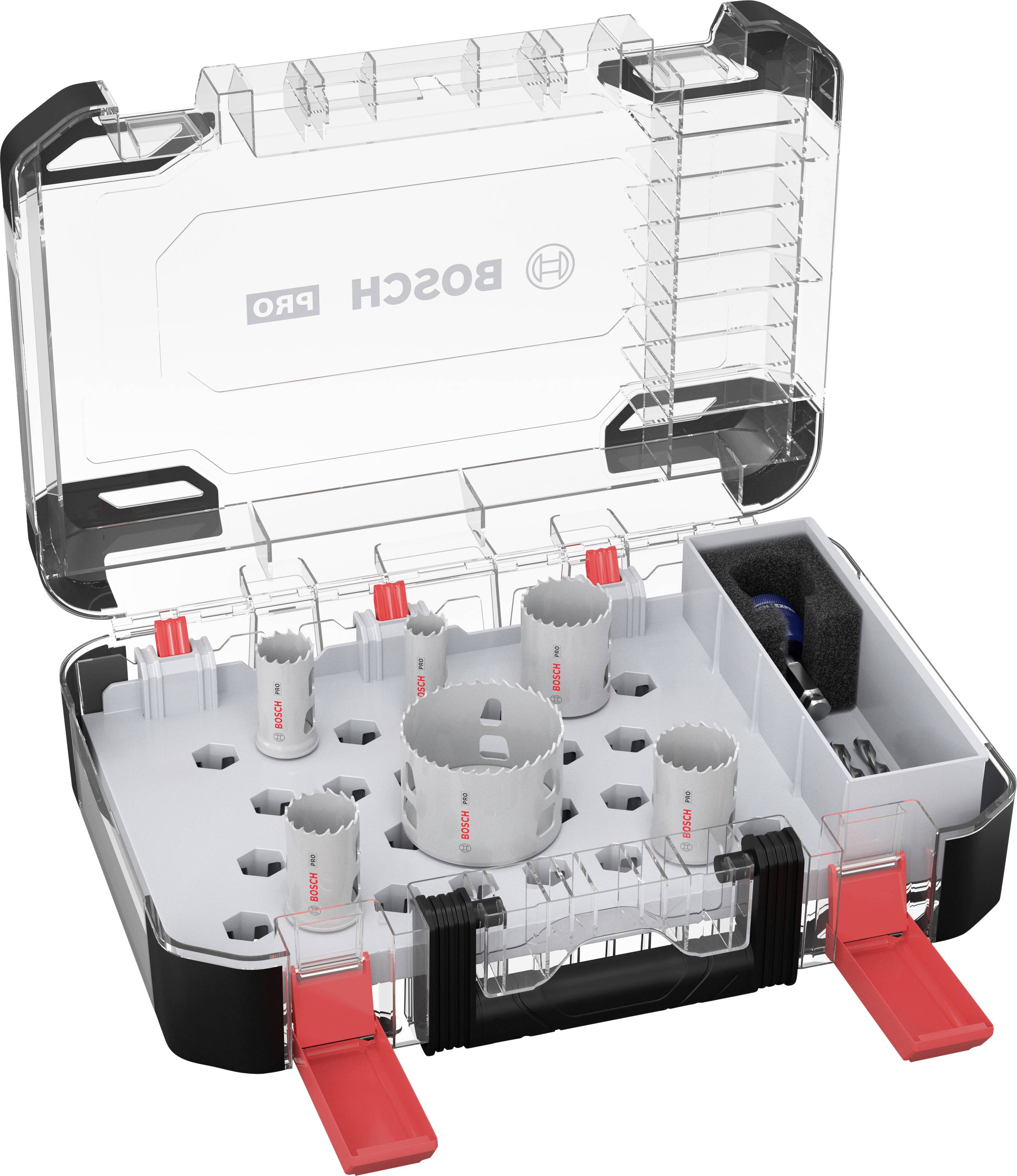 An opened set of hole saws in a clear case, branded with 'BOSCH PRO'. Various hole saws and accessories are visible.