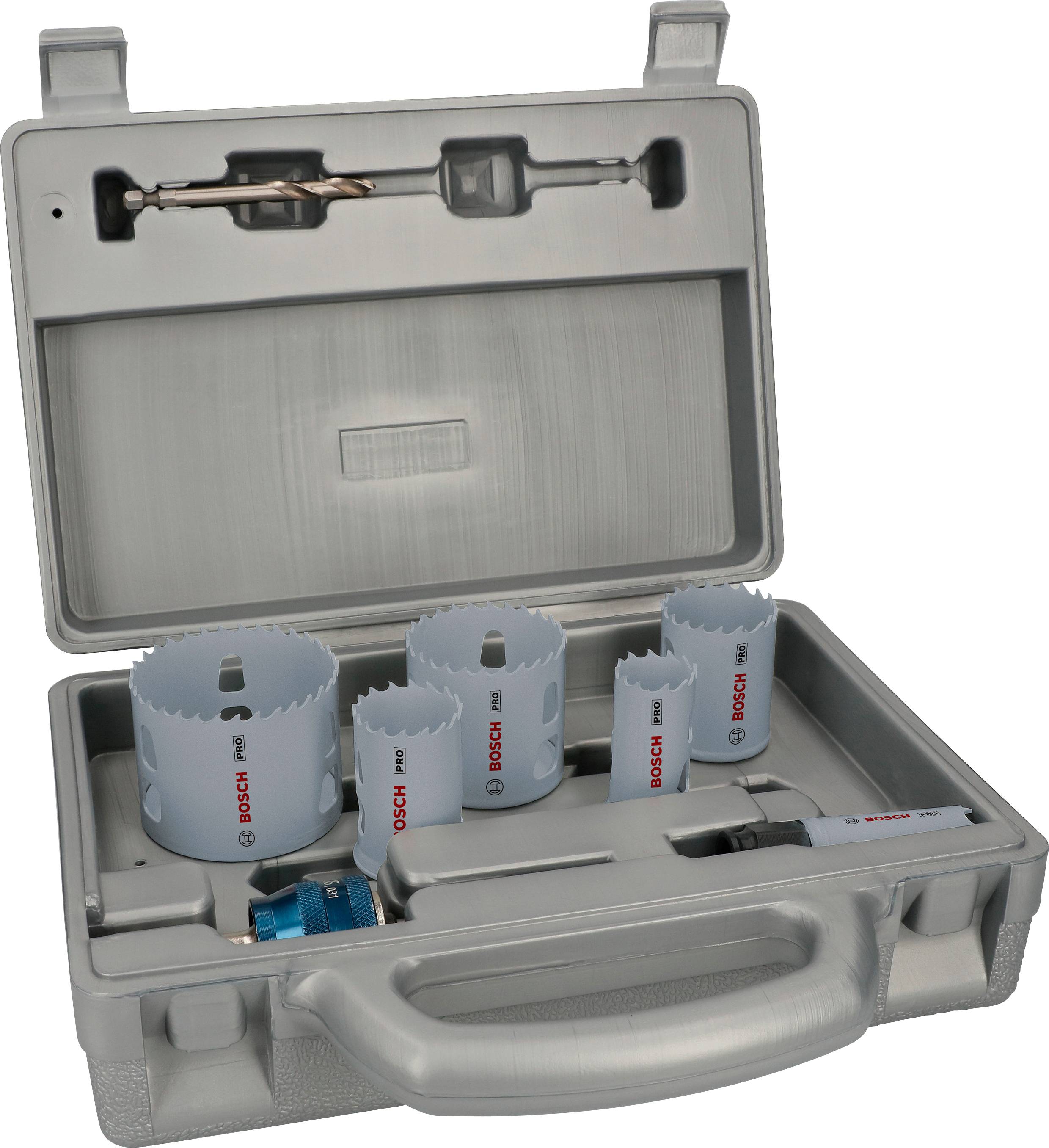 Hole saw set with various hole saws in a case, primarily suitable for tradespeople or DIY projects.