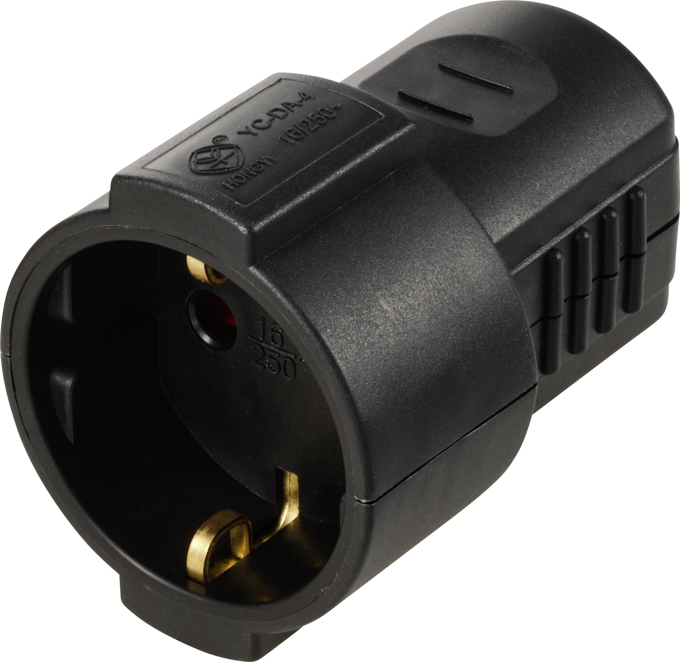 Pictured is a black adapter plug from Schuko to Euro plug, which is used to connect different types of electrical plugs.