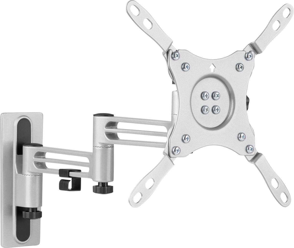 Silver, adjustable monitor wall mount with multiple joints and mounting arms for flexible screen positioning.