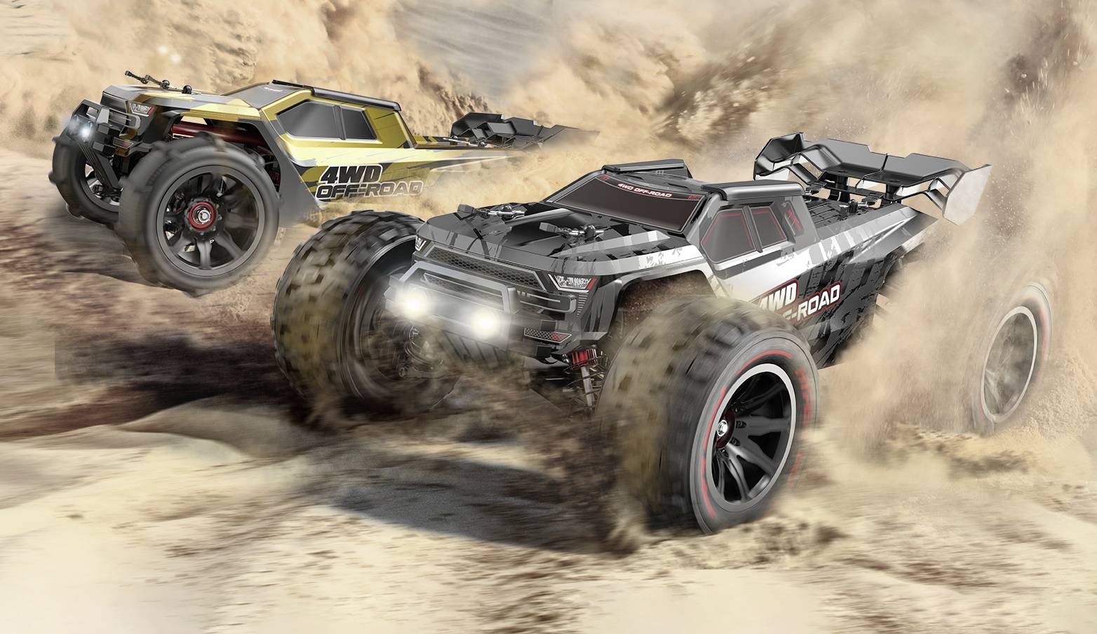 Two remote-controlled off-road cars speed through sandy terrain, kicking up dust and demonstrating their all-terrain capabilities.