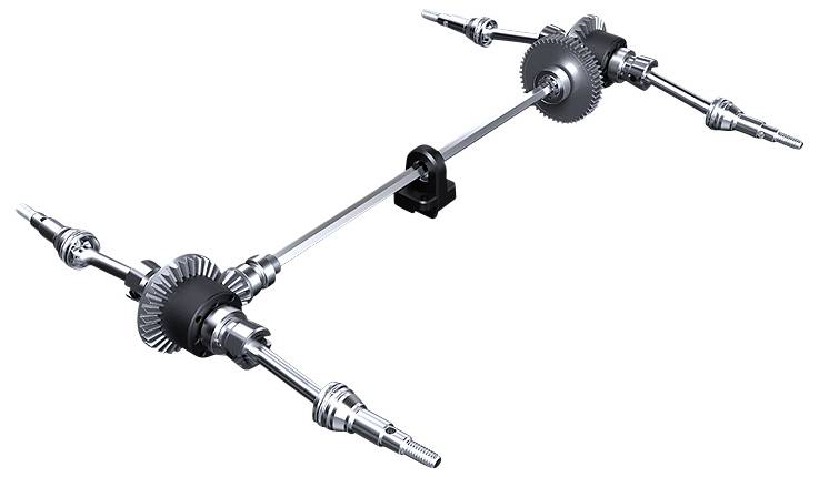 A metal gearbox with multiple gears and shafts that transfers mechanical energy between different components.