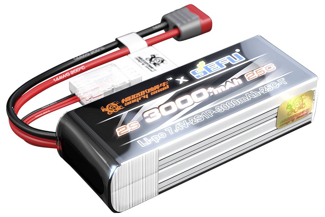 Lithium Polymer battery with 3000mAh capacity, 7.4V voltage. Has two connection leads and is suitable for RC models.