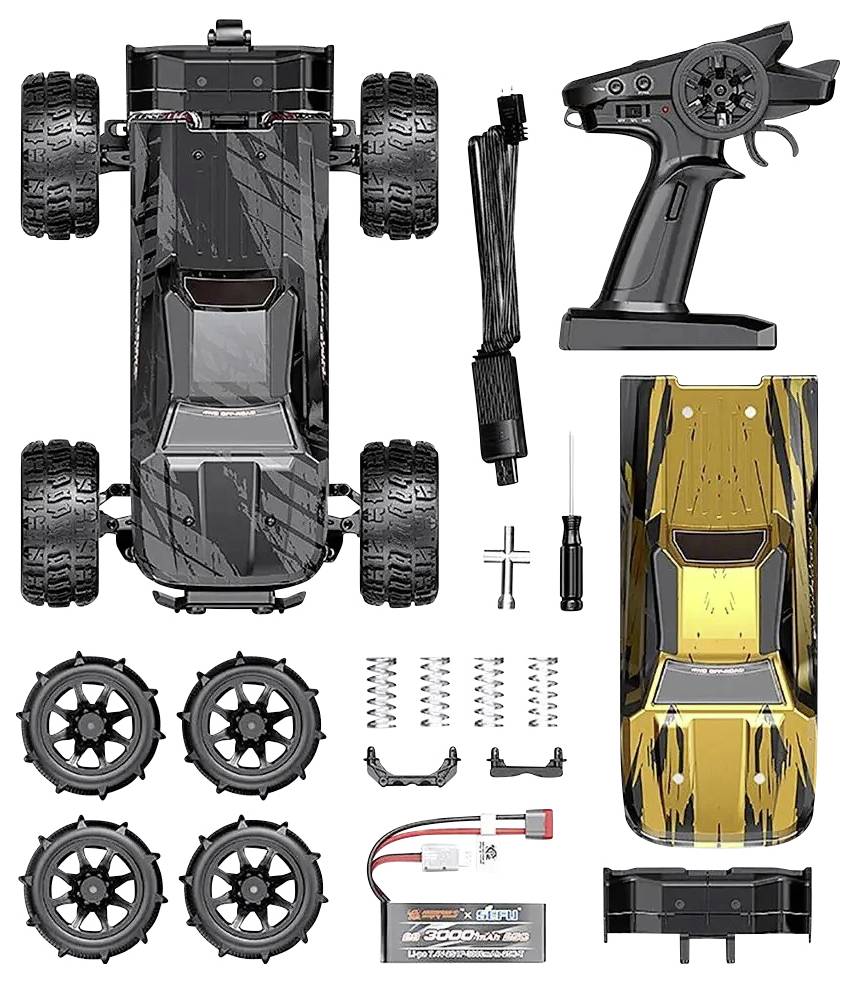 Remote-controlled car kit with two bodywork options (black, gold), remote control, four additional tyres, charger and tools.