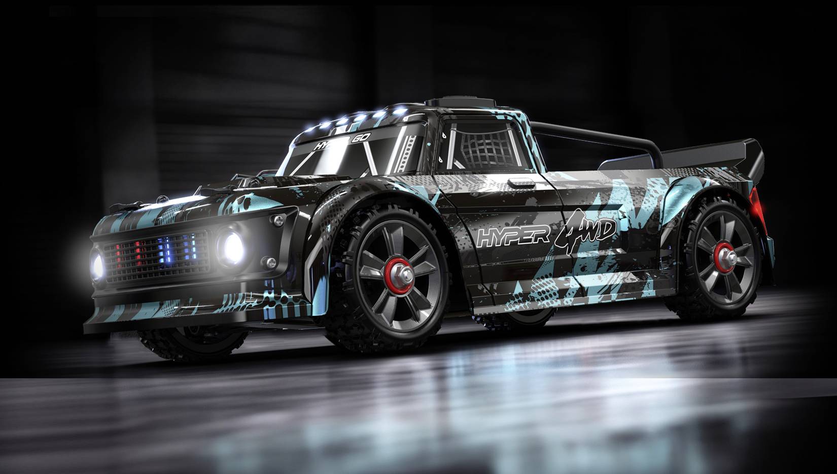 A black, blue and green patterned racing car with a modern, aerodynamic shape and striking LED lights stands in a dark room.