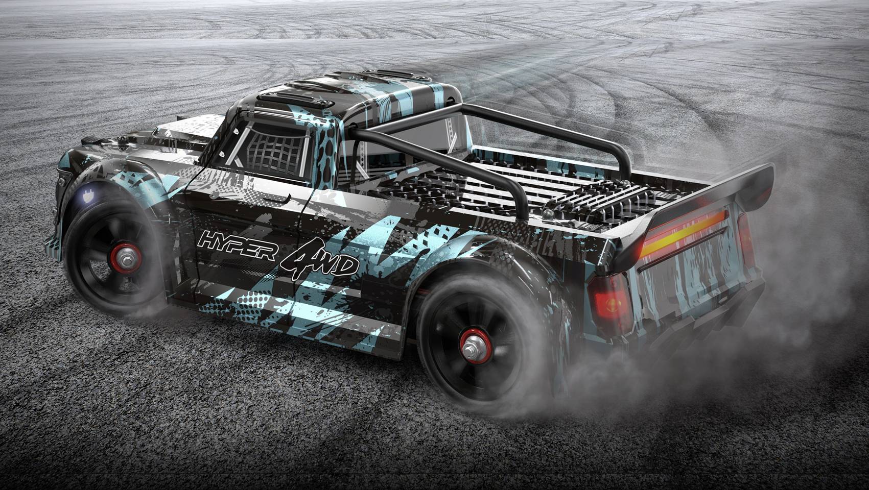 Toy car drifting, graphic design with 'HYPER 4WD' text, smoking tyres on asphalt with drift trails in the background.