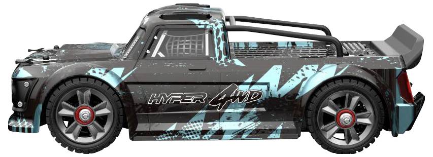 Toy car in racing car style with grey and blue pattern, 'Hyper 4WD' lettering on the side, black bodywork.