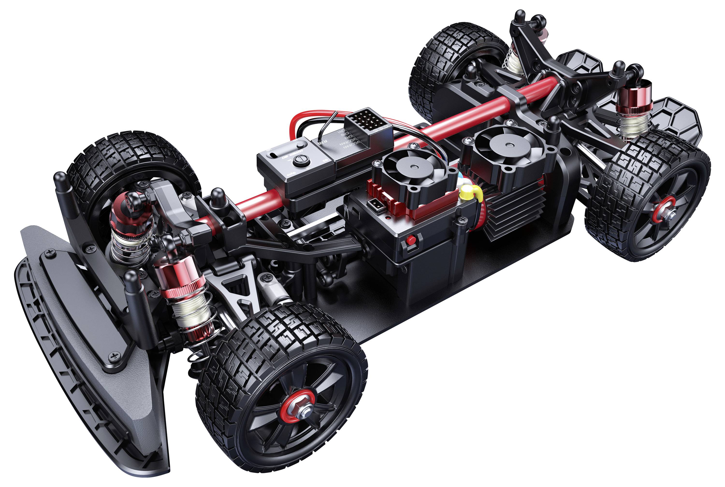 Model of a remote-controlled car without bodywork, showing a detailed chassis with wheels, motor, and suspension components.