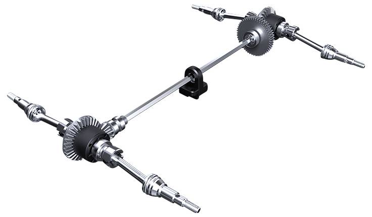 A complex gear system with multiple axes and gears, which is likely part of a drive system.