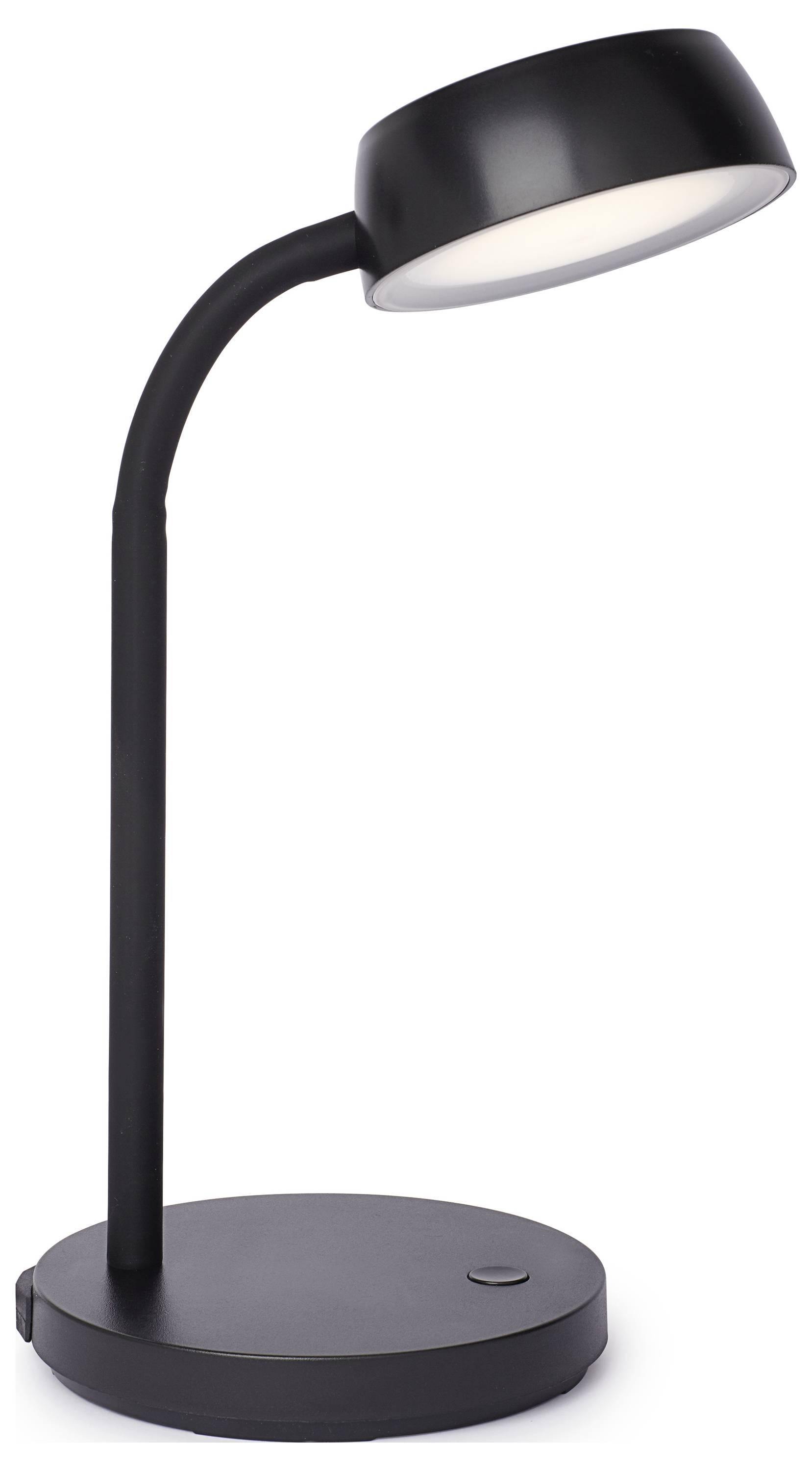 Black, contemporary desk lamp with a round, adjustable shade and flat base. Suitable for desks or bedside tables.