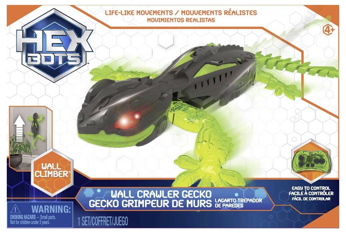 Toy packaging for a remote-controlled gecko with lifelike movements. Suitable for ages 4 and up. Warning: contains small parts.