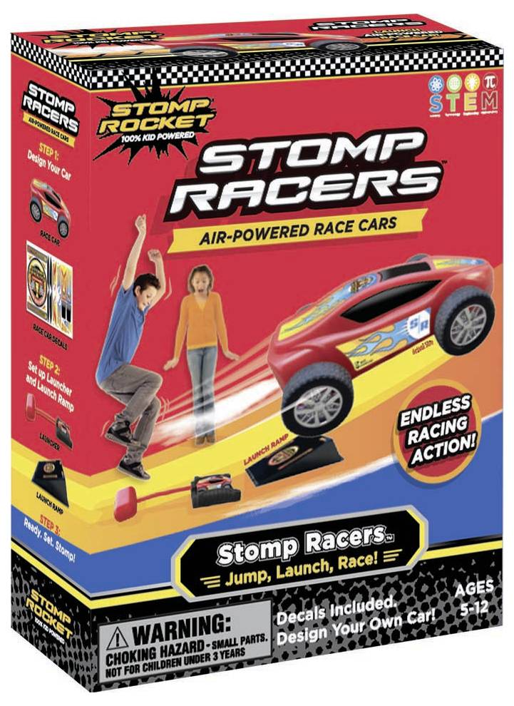 A toy packaging for 'Stomp Racers' shows a child stomping on an air cushion to propel a racing car. Suitable for ages 5 and up.