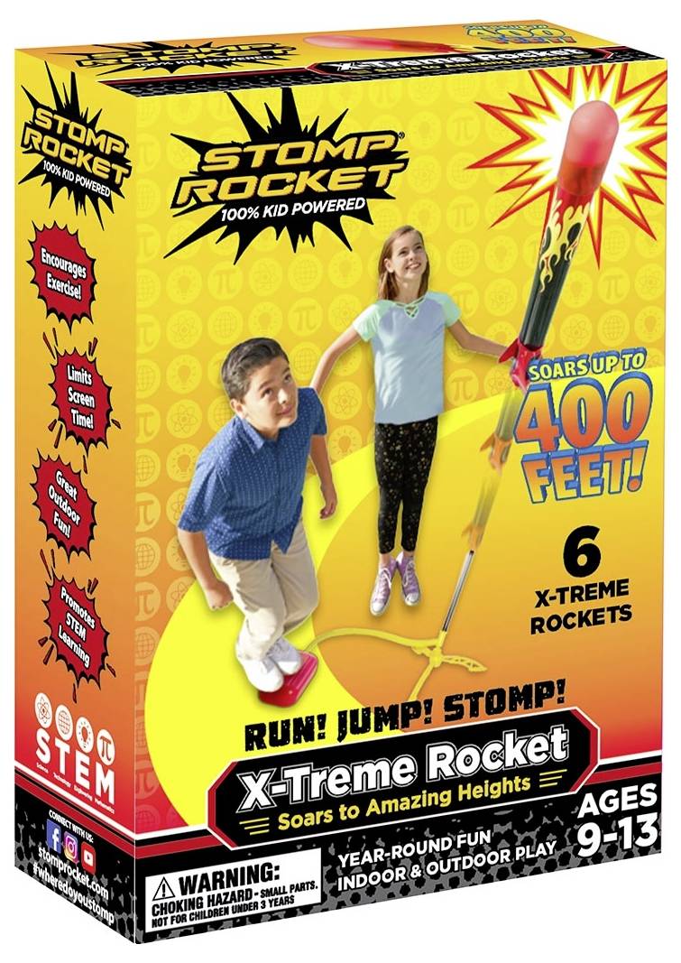 Packaging for a toy rocket, suitable for children aged 9–13 years. 'Stomp Rocket X-Treme' reaches up to 400 feet in height. Contains 6 rockets.