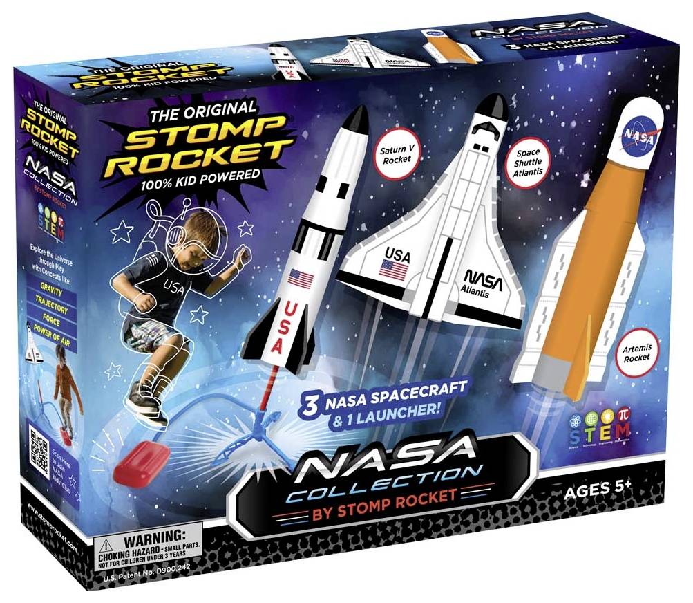 NASA Stomp Rocket Play Set Packaging Shows Three Space Vehicles: Saturn V, Space Shuttle Atlantis, and Artemis Rocket. Suitable for Children Aged 5 and Above.