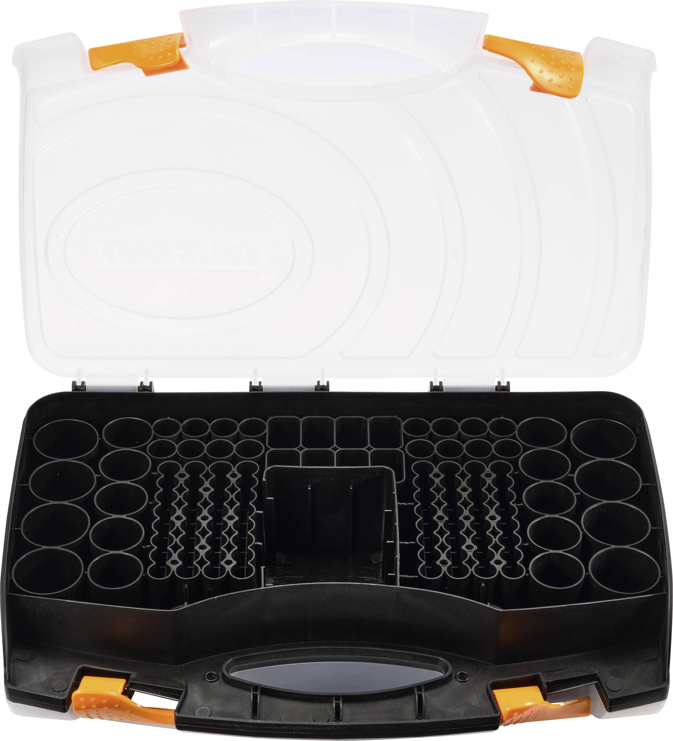 Storage box with an open lid showing various compartments for small parts, suitable for organising screws and accessories.