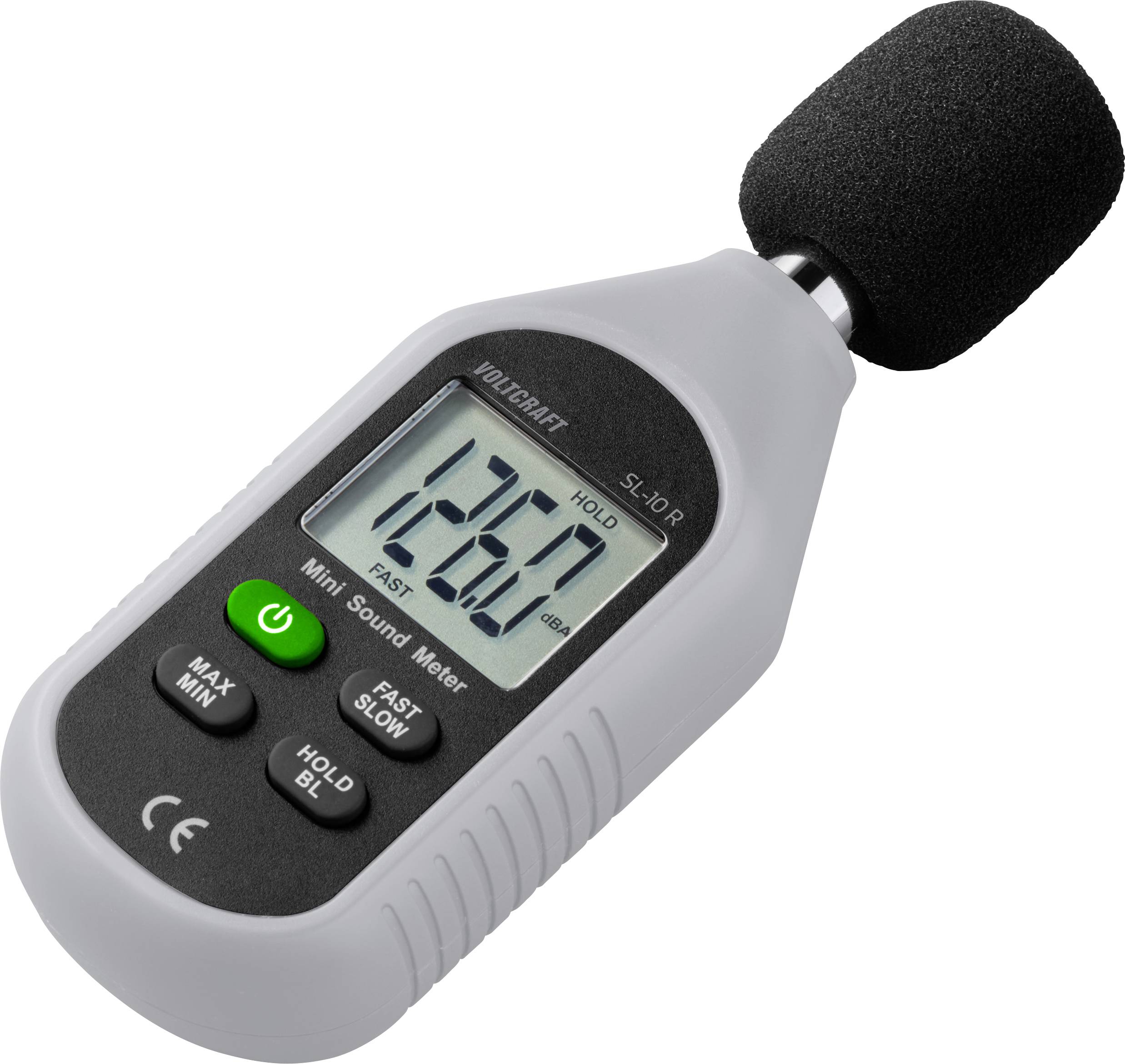 Sound level meter with display shows 126.0 dB. Device has black foam on the microphone. Buttons: MAX/MIN, HOLD, FAST/SLOW.