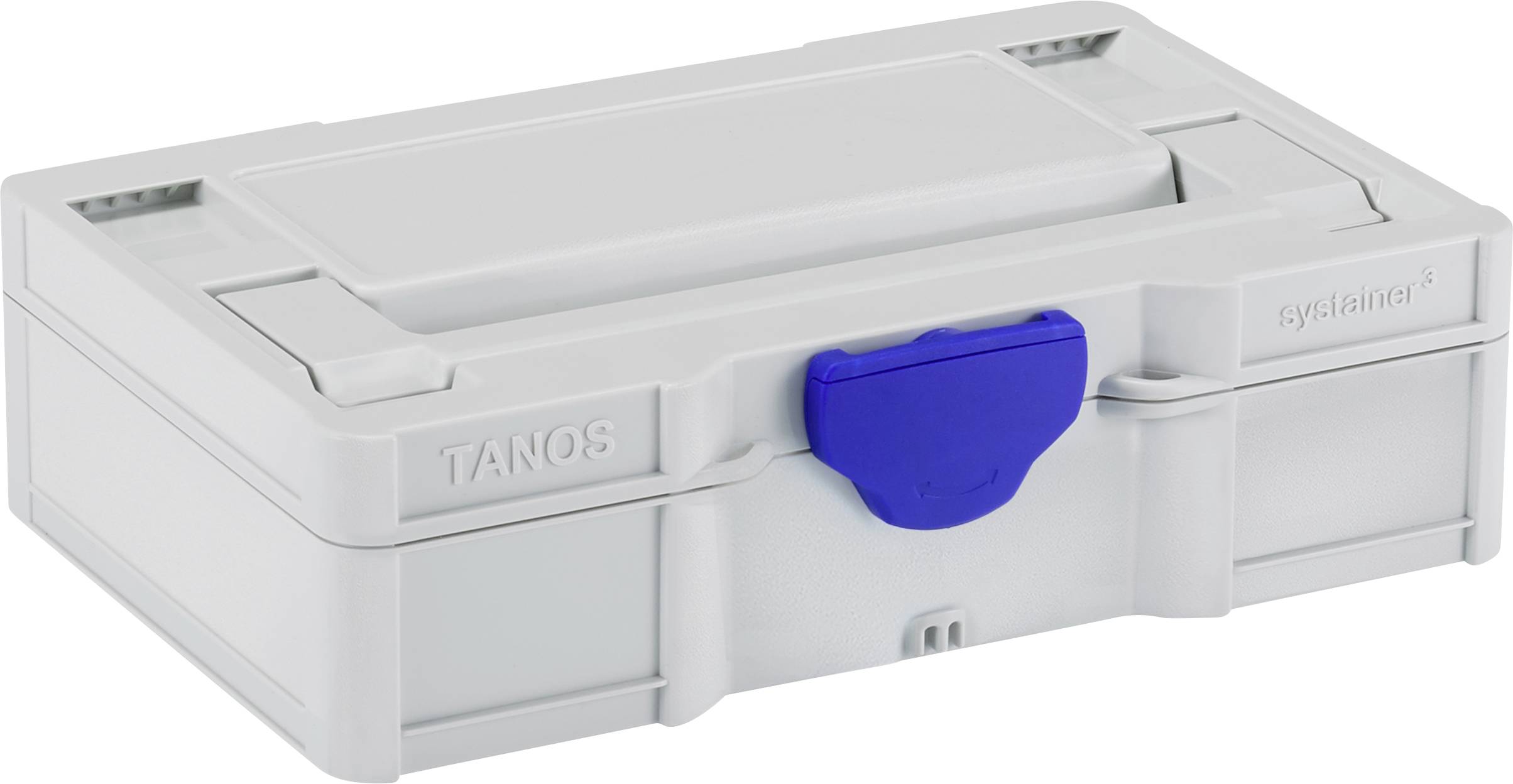 A grey tool case with a blue closure latch, featuring a compact lid. Marked with 'TANOS' and 'systainer'.