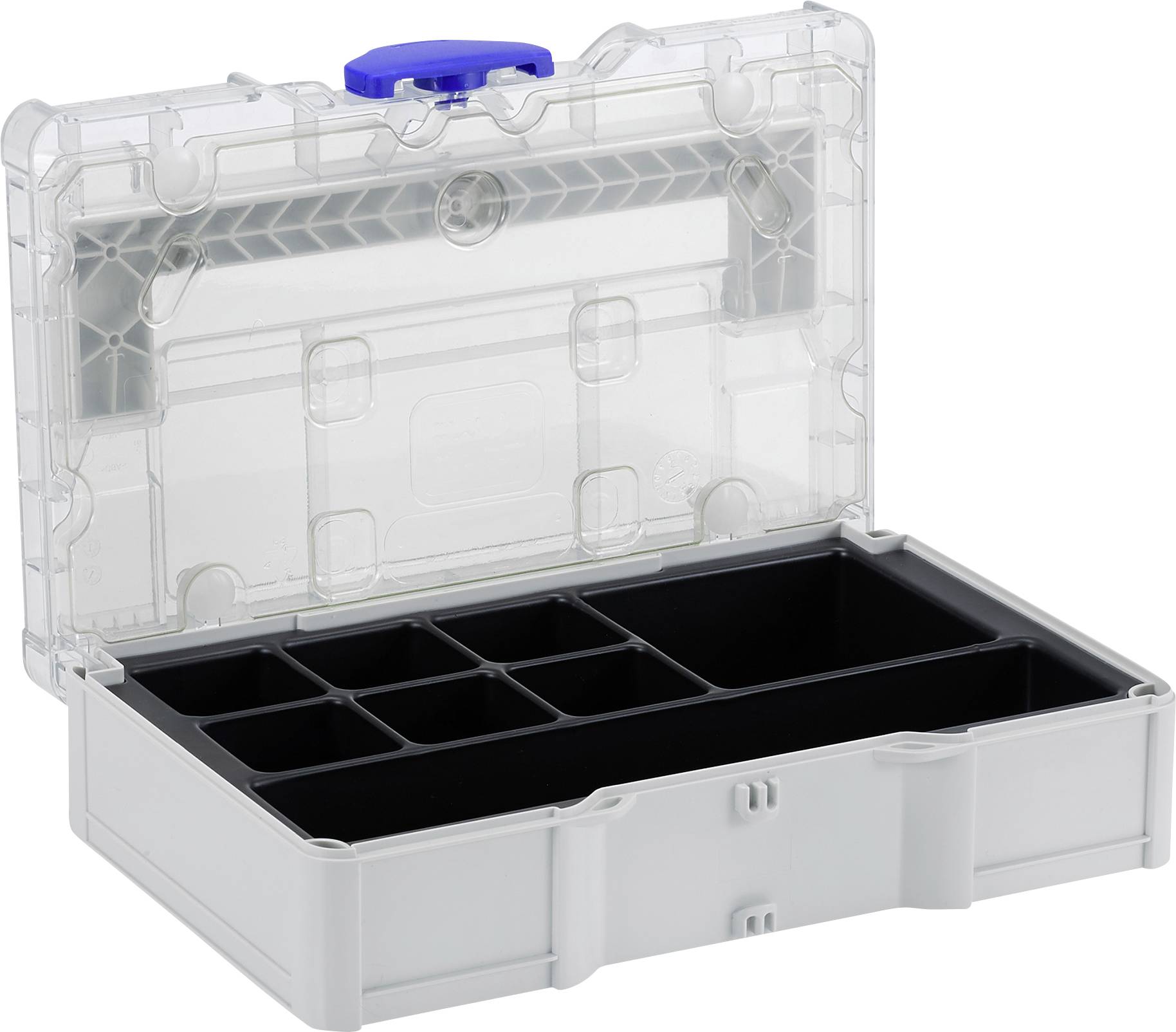 Grey, open storage box with multiple compartments, suitable for organising small items.