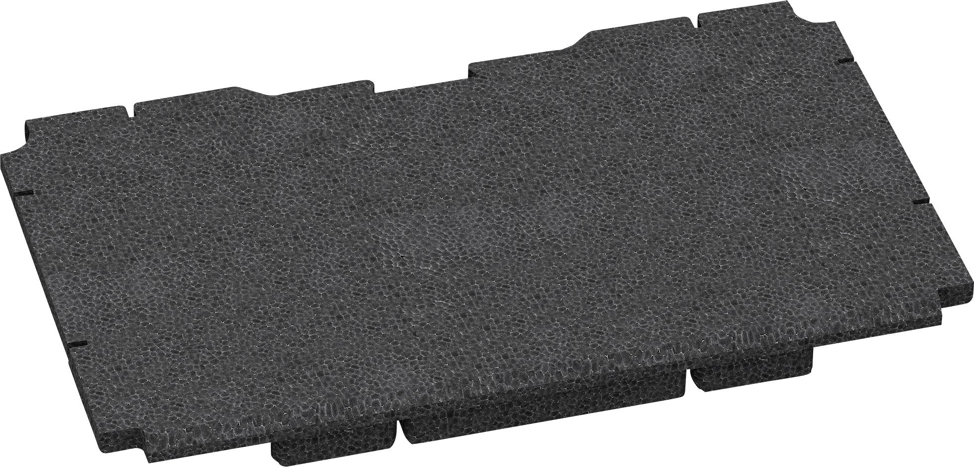 Black plastic plate with a rectangular shape and textured surfaces. It has slight indentations at the corners.
