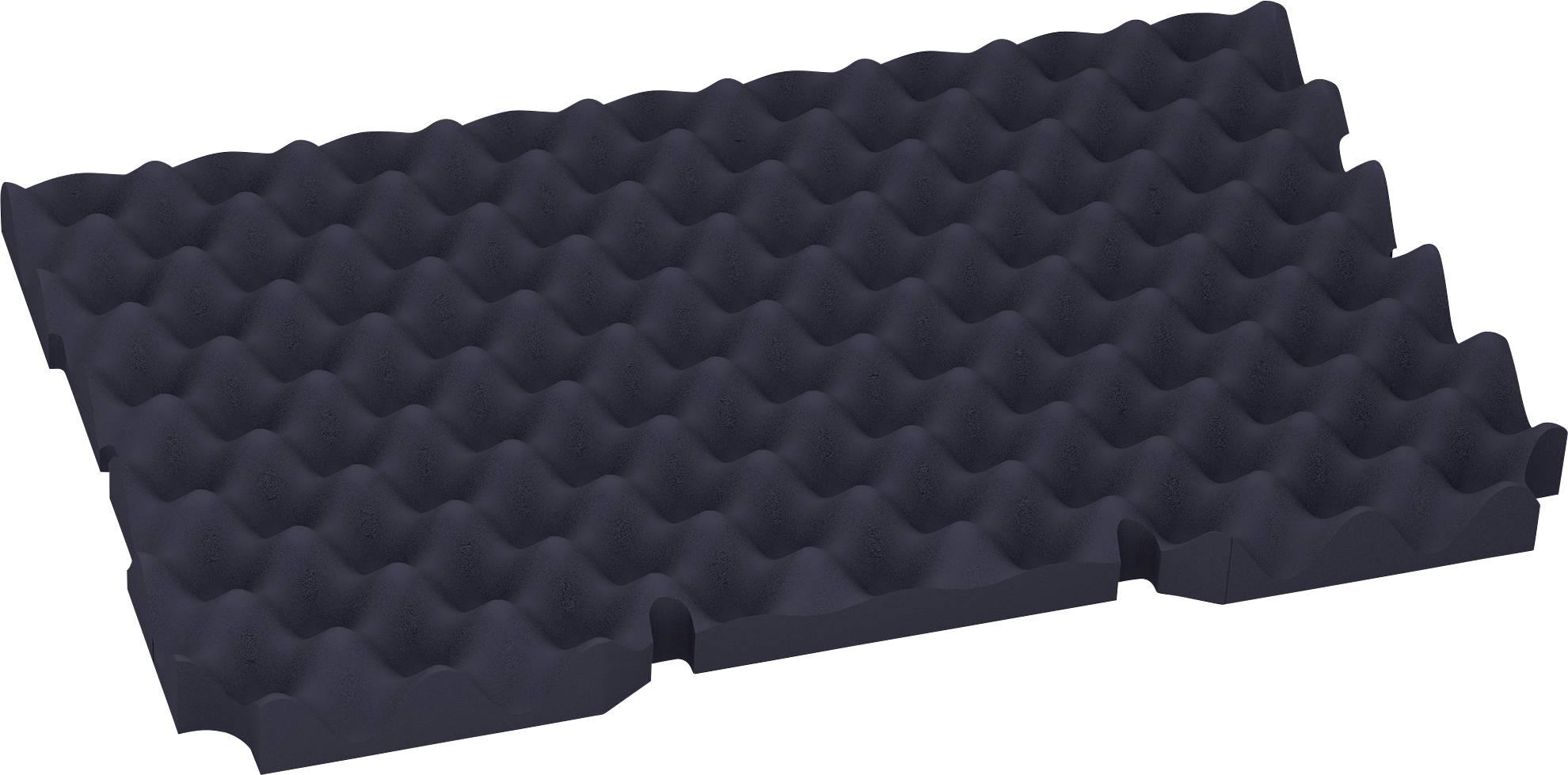 A piece of dark grey acoustic foam with a wave-shaped surface for sound absorption.