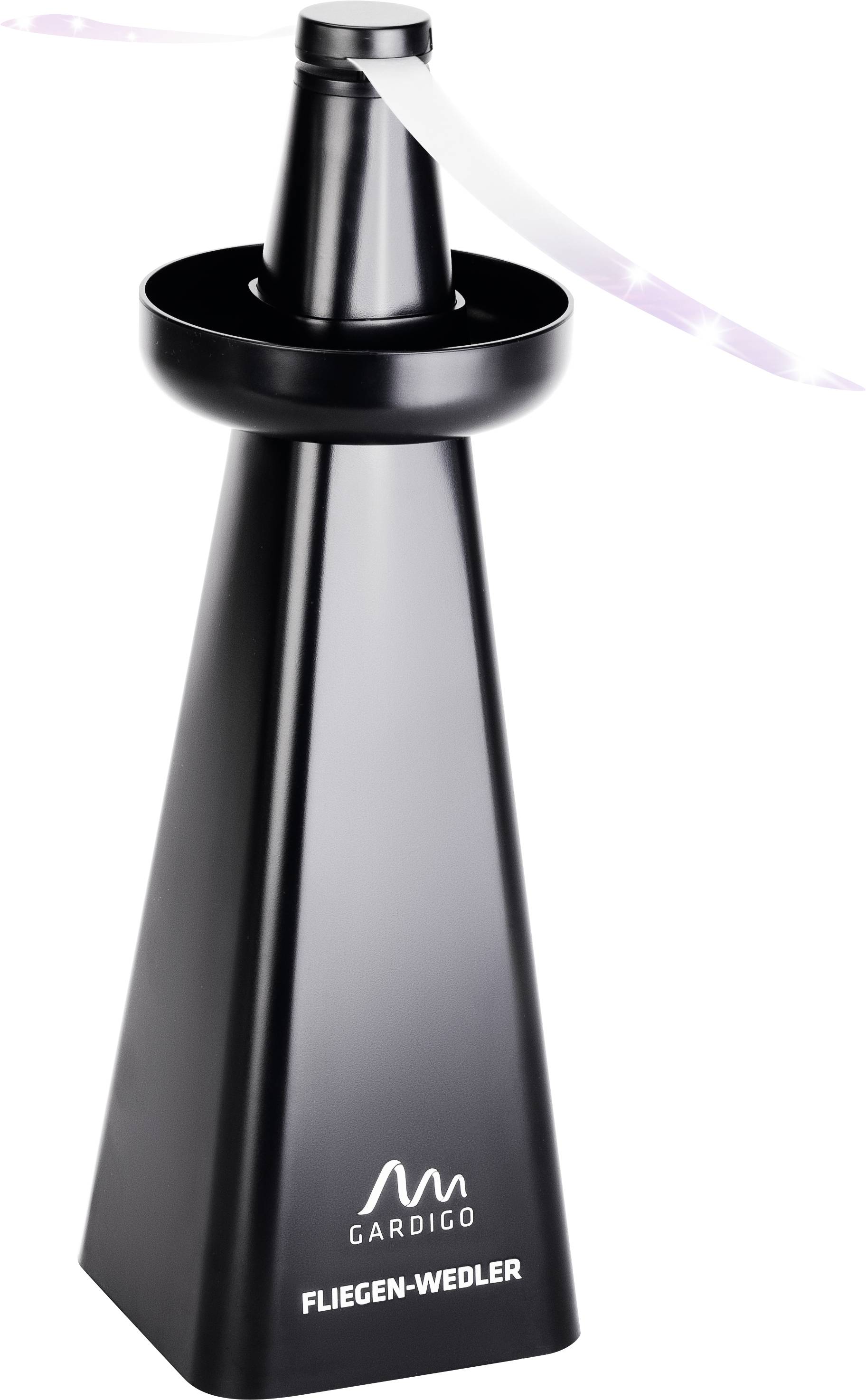 Black, tapered fly swatter with rotating stripes at the top. Text 'Gardigo Fly Swatter' on the front side.