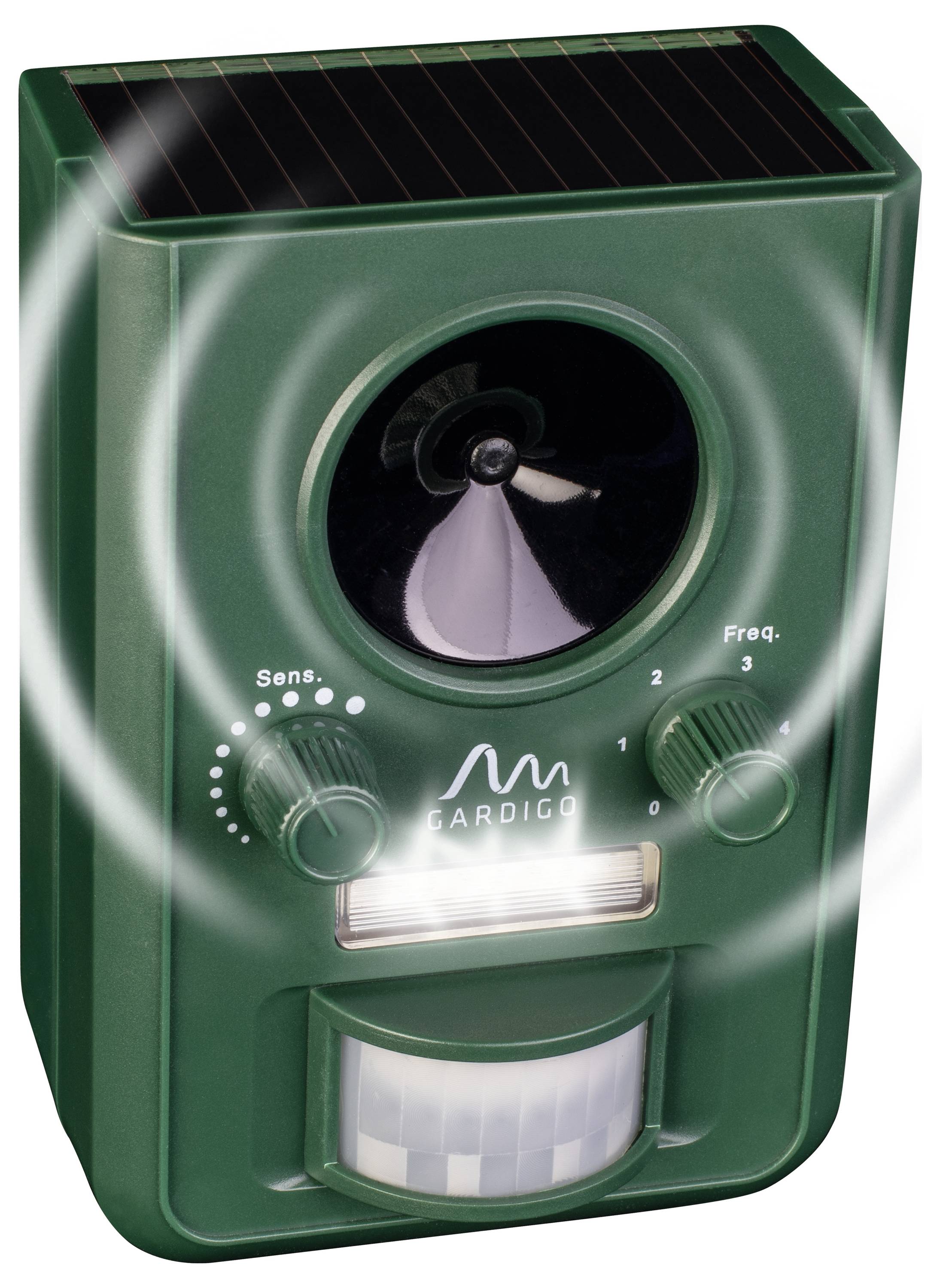 A green electronic device with two rotary controls and a large speaker in the centre, possibly an animal deterrent.