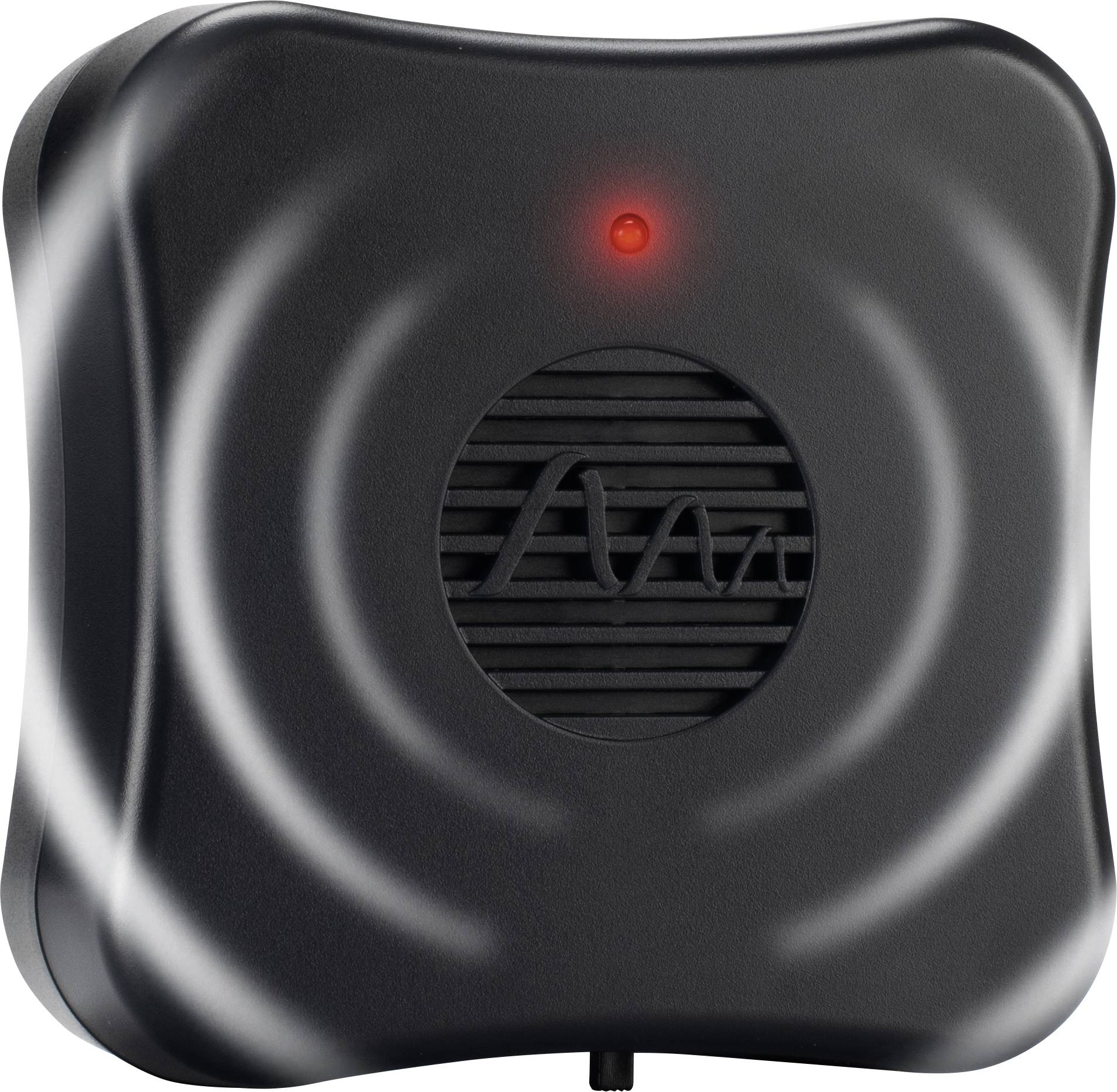 A black, square device with a red light in the centre and a speaker at the front shows an active operational indicator.