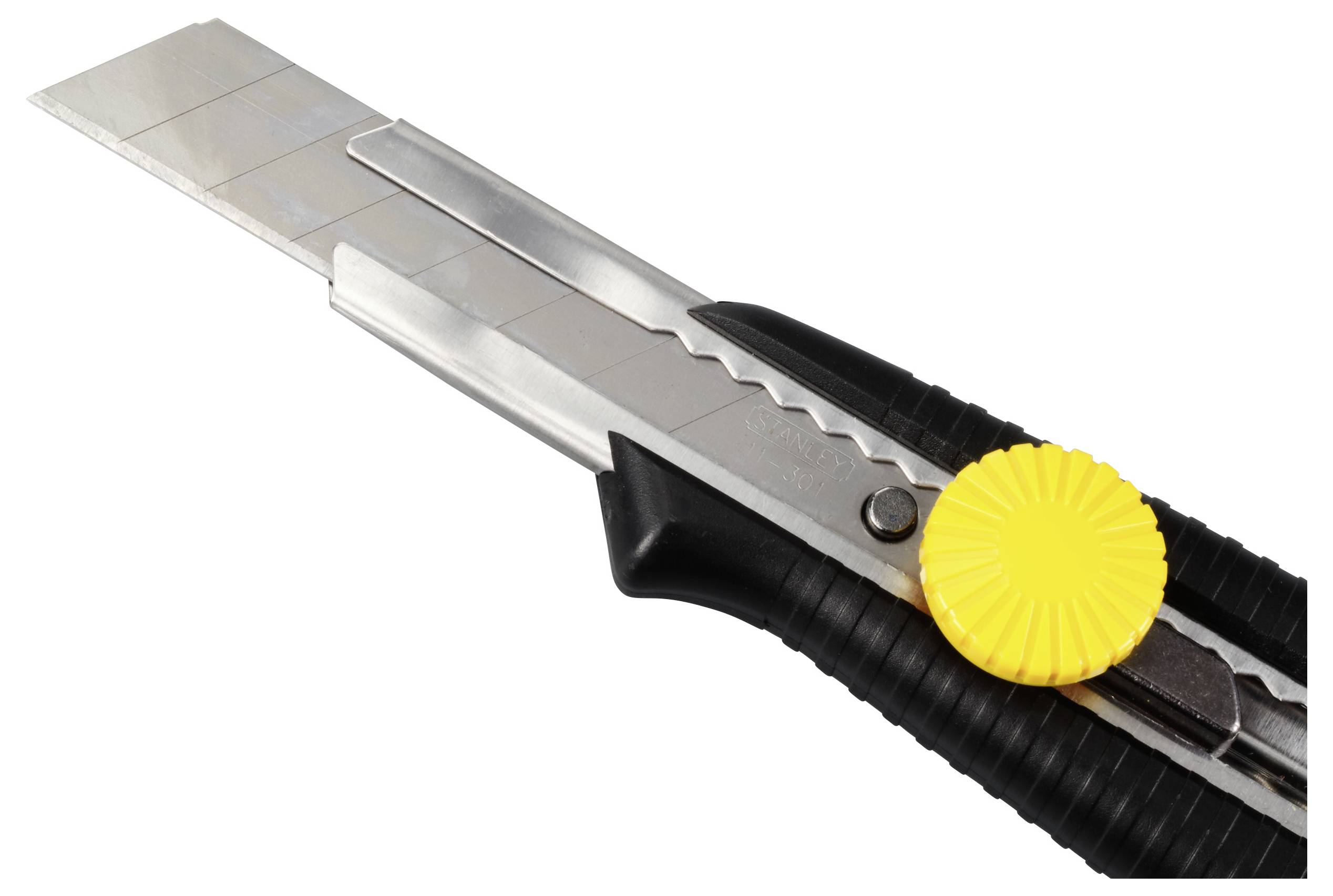 A black and silver craft knife with a yellow adjustment screw, partially extended blade, and ergonomic handle.