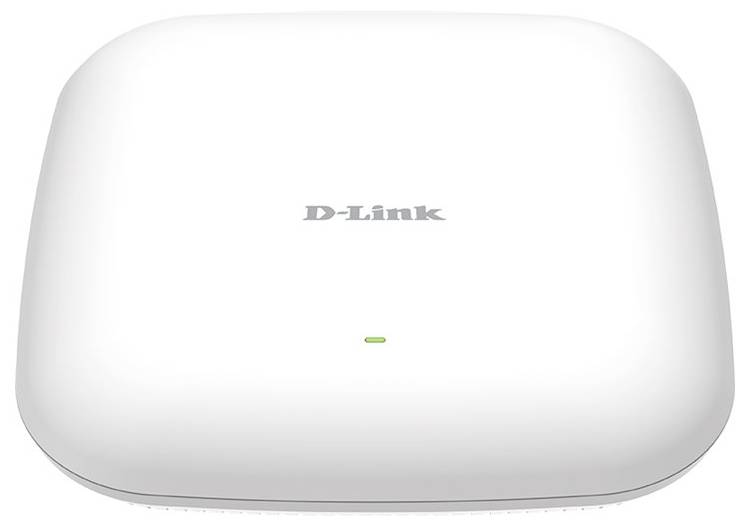 A white D-Link wireless access point with rounded corners and a small green LED indicator in the centre of the front panel.