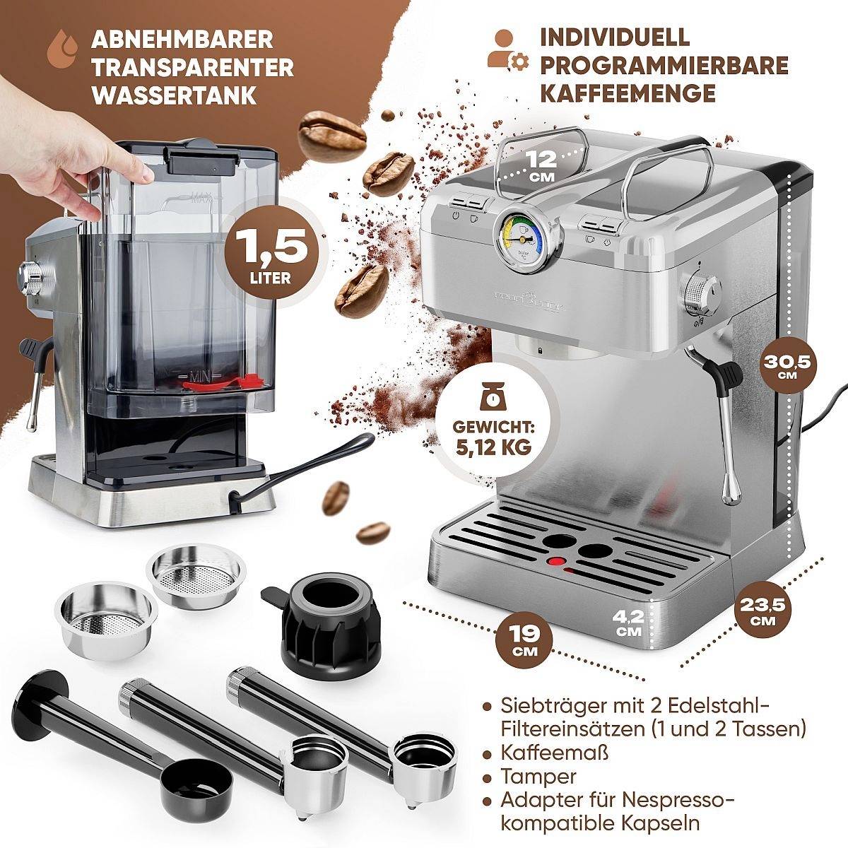 Espresso Machine with Large Water Tank, 1.5 Litres, 5.12 kg. Displays Accessories including Portafilter and Coffee Measure, as well as Capsule Compatibility.