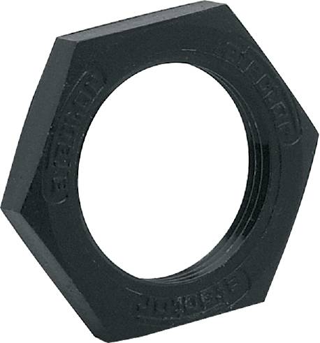 A black metal hexagonal nut, viewed from above. The nut has an internal thread and is used in mechanical connections.