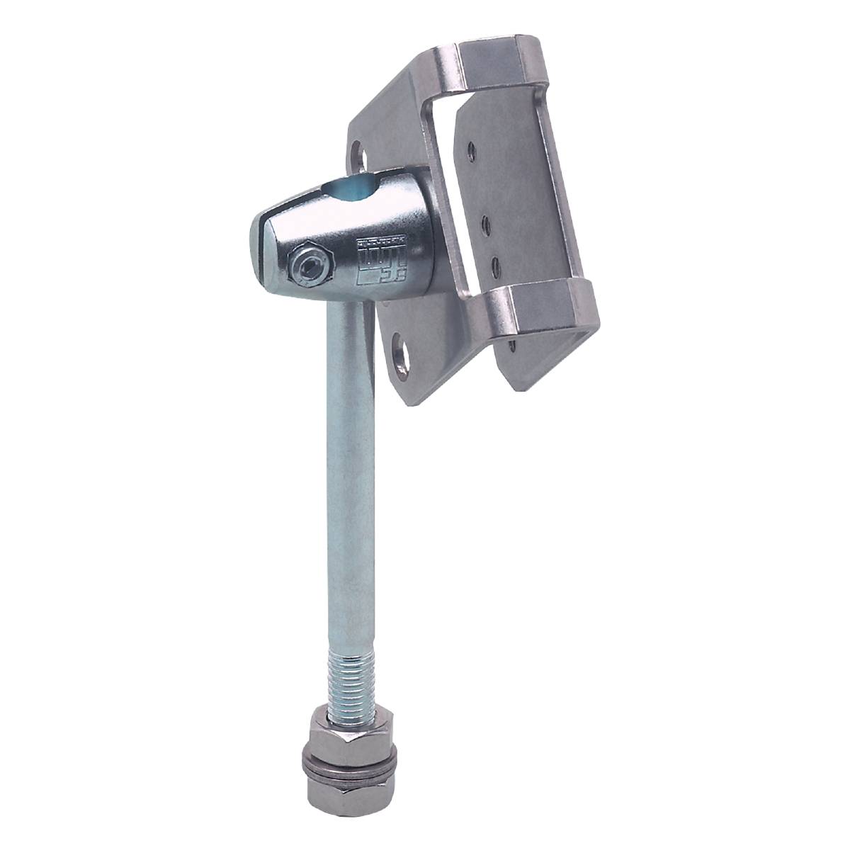 Metal hinge with fixing screw, against a black background. The hinge has a silver surface and robust construction.