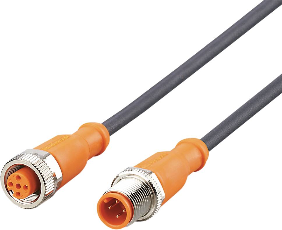 Two orange plugs with silver metal rings on black cables, lying side by side, on a white background.