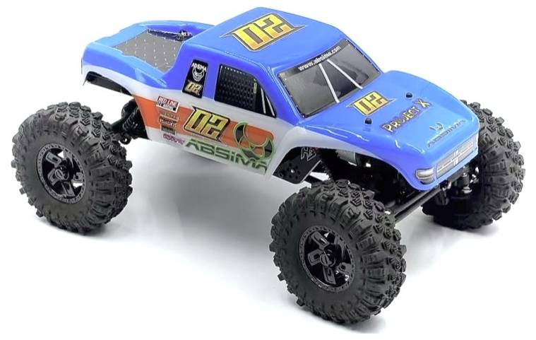 A blue remote-controlled off-road monster truck with the number '02' on the bonnet. Large tyres and robust construction visible.