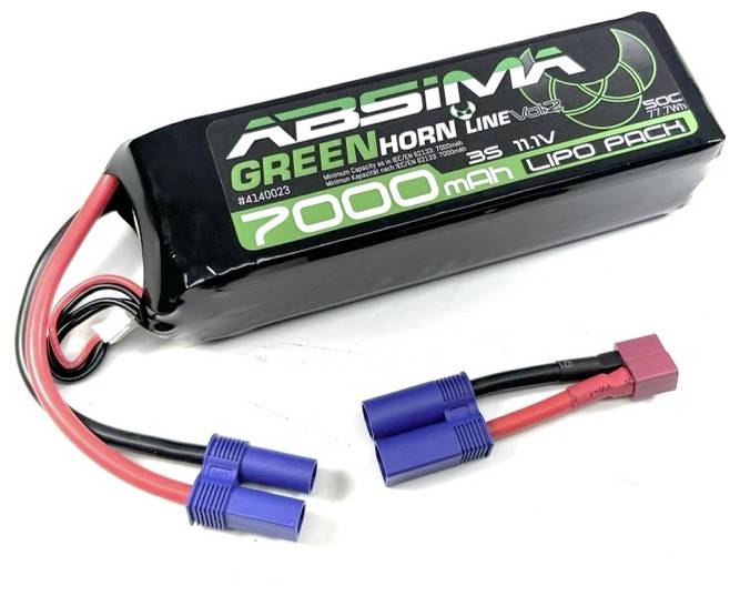 Black LiPo battery by Absima with 7000 mAh and 11.1 V from the Greenhorn Line. Two blue and one red connection plugs visible.