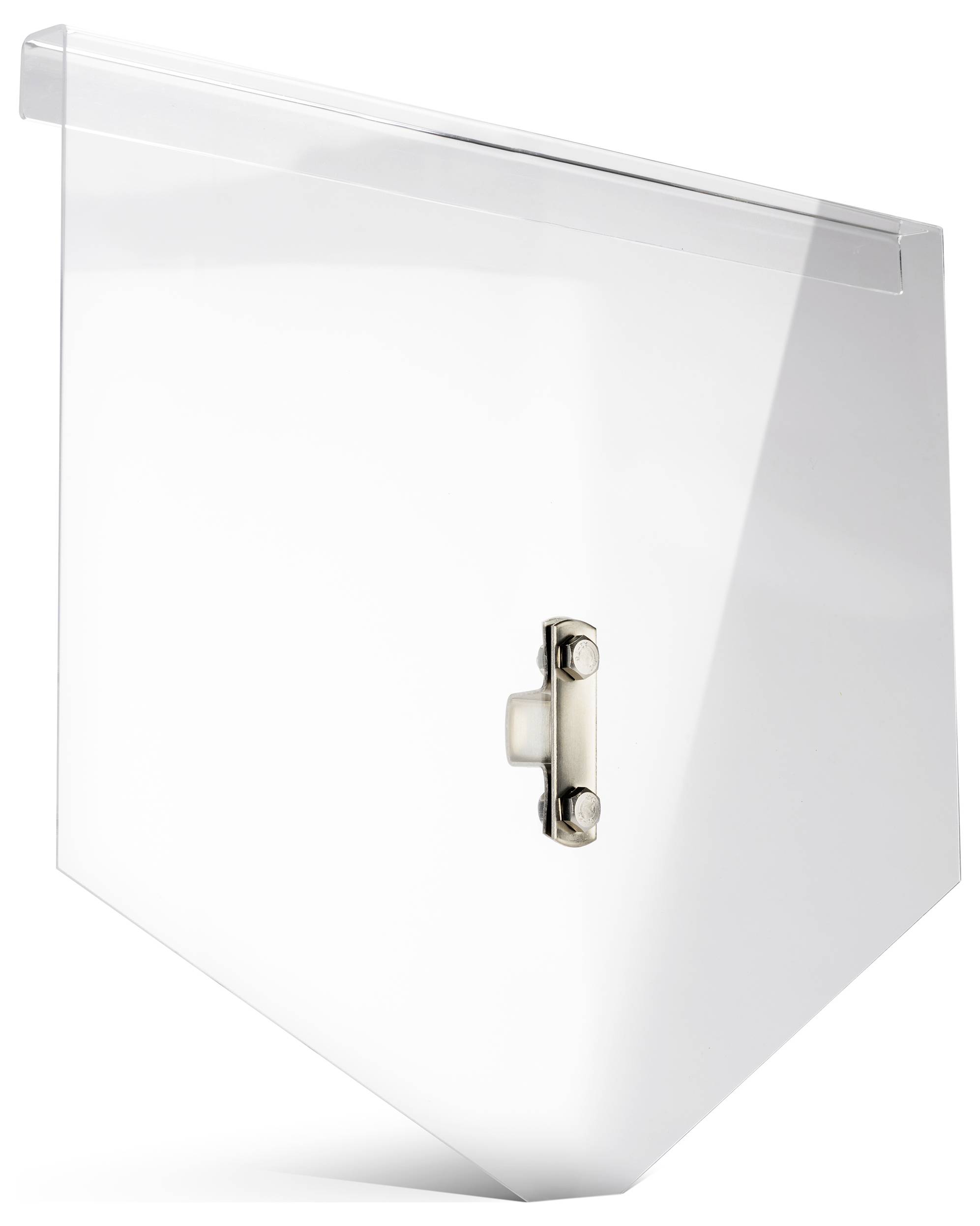 A transparent acrylic shield, cut at an angle, with a metallic fixing in the centre for mounting on a wall.