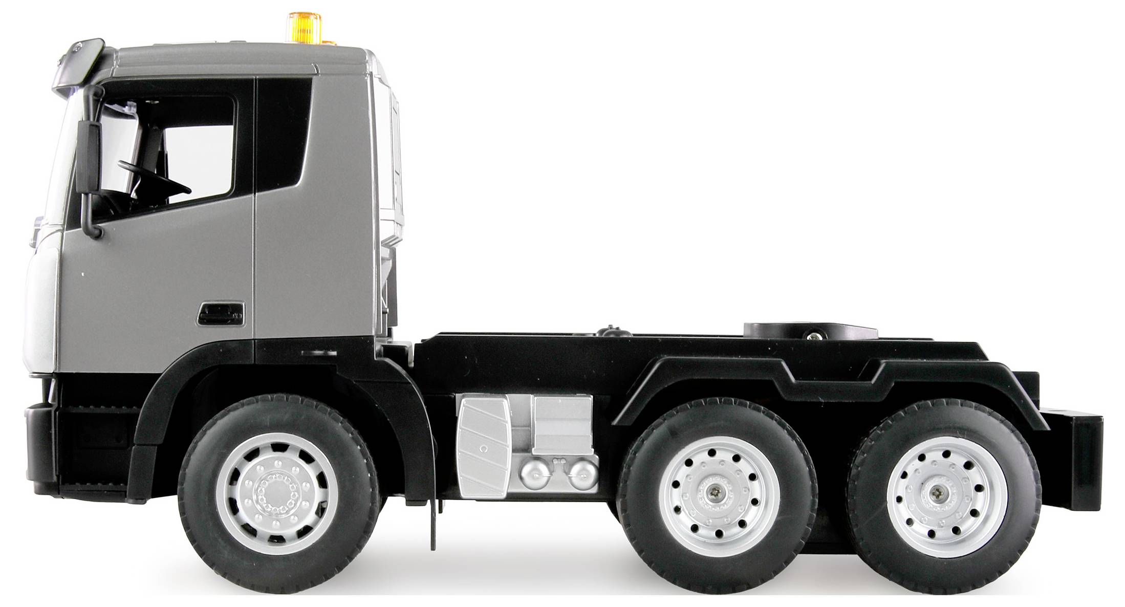 A grey lorry without a trailer, side view, on a white background.