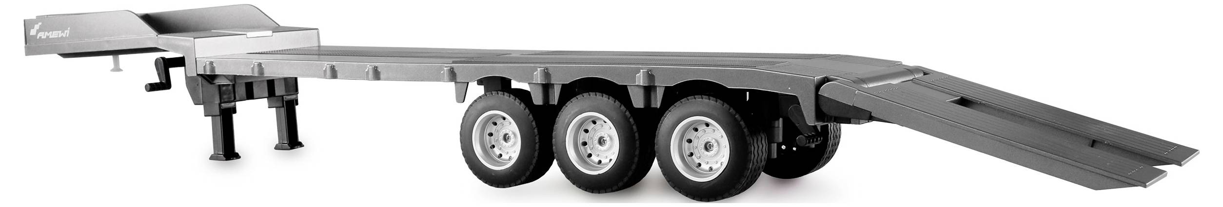 Three-axle trailer with hydraulic lift platform in grey colour, suitable for transporting heavy vehicles or machinery.