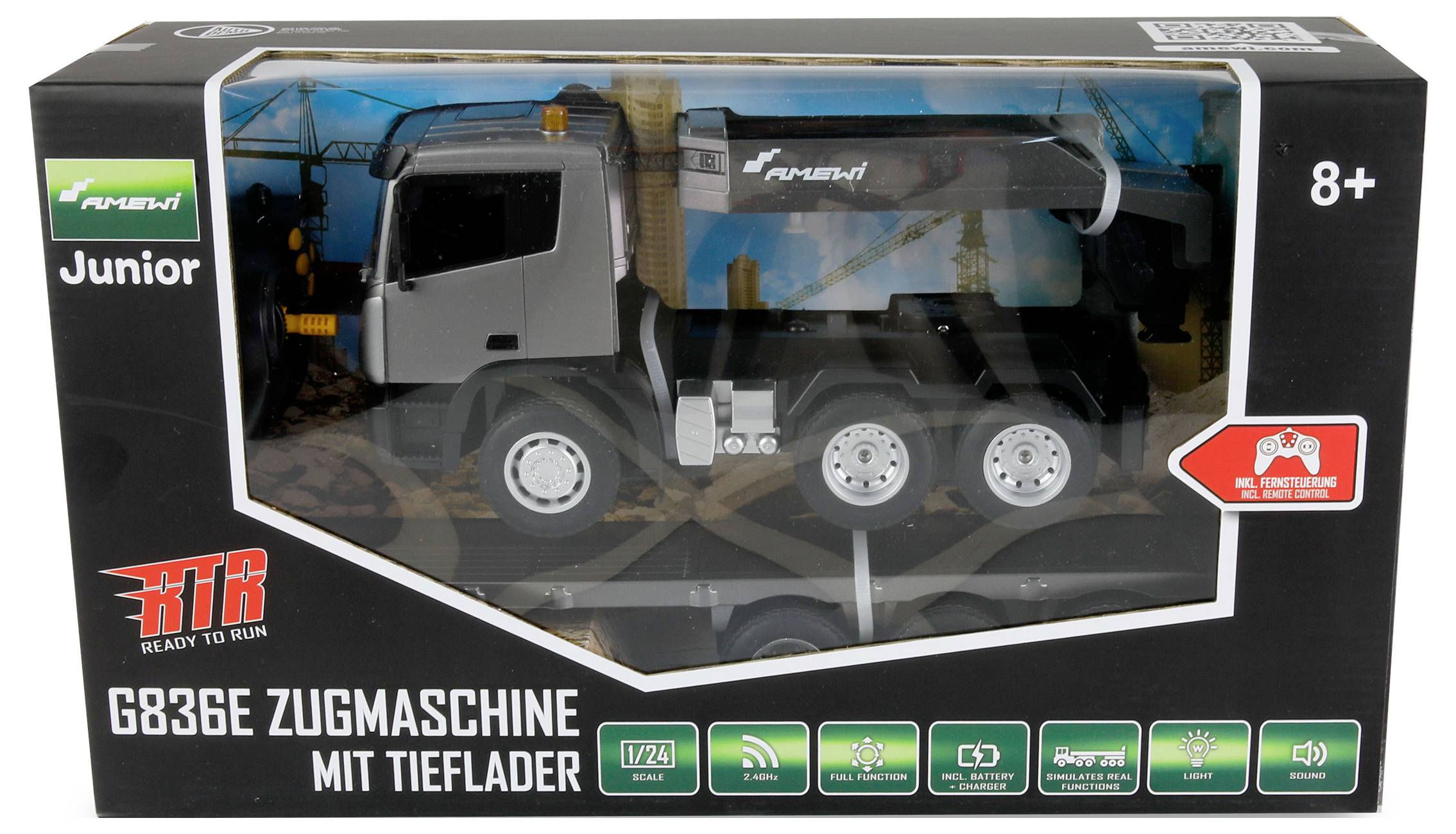 The packaging displays a model vehicle 'Tractor with Low Loader' for children aged 8 and above. The brand and details are highlighted.