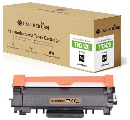 'Remanufactured Toner Cartridge' by G&G Reborn, compatible with Brother TN2420, black ink, 3,000 pages per pack, environmentally friendly.