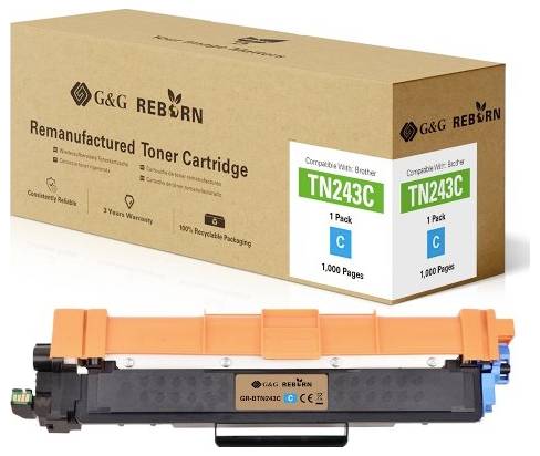 Toner Cartridge TN243C for Brother, compatible, with 1,000 page capacity. Suitable for recycling with 3-year warranty.