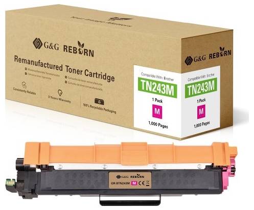G&G Reborn TN243M Toner Cartridge, compatible with Brother, 1000 page yield, 3-year warranty, 100% recyclable packaging.