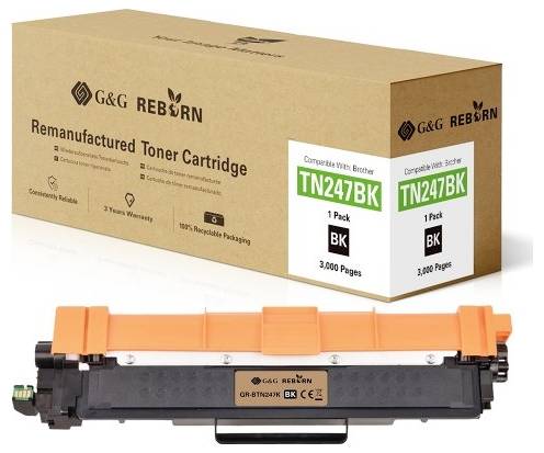 Remanufactured Toner Cartridge by G&G Reborn, Model TN247BK, for Brother Printer, Print Capacity: 3,000 Pages, Colour: Black.