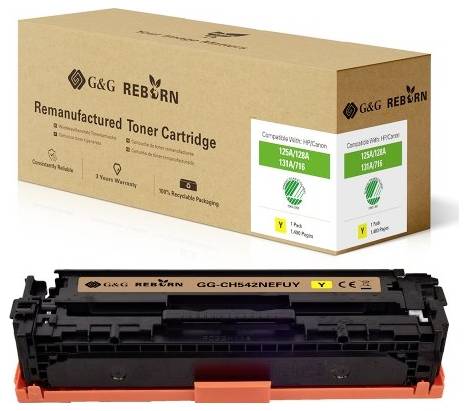 A remanufactured toner cartridge from G&G Reborn, compatible with HP printers (models 125A/128A, 131A/716), with packaging.