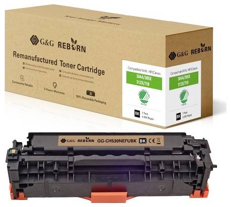 Remanufactured toner cartridge by G&G Reborn. Compatible with HP 305X, 312X. Packaging displays '100% recyclable packaging.'