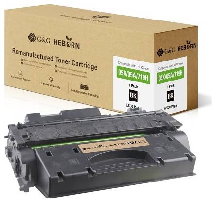 Toner cartridge and packaging from G&G Reborn with the inscription 'Remanufactured Toner Cartridge', compatible with HP 05X/05A/719H. 6,500 page capacity.