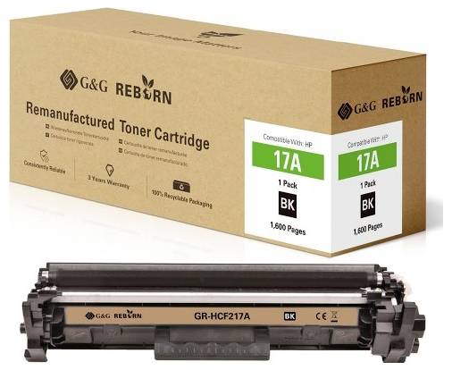 G&G Reborn GR-HCF217A Toner Cartridge, compatible with HP 17A, black, 1,600 pages, single pack. Environmentally friendly packaging.