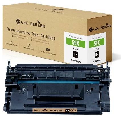 Toner cartridge with packaging. On the packaging it reads: 'Remanufactured Toner Cartridge', 59X, compatible with HP, 10,000 pages.